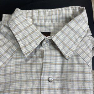 Vintage Mens Karman Plaid Pearl Snap Beige Yellow Blue Western Shirt USA Large L